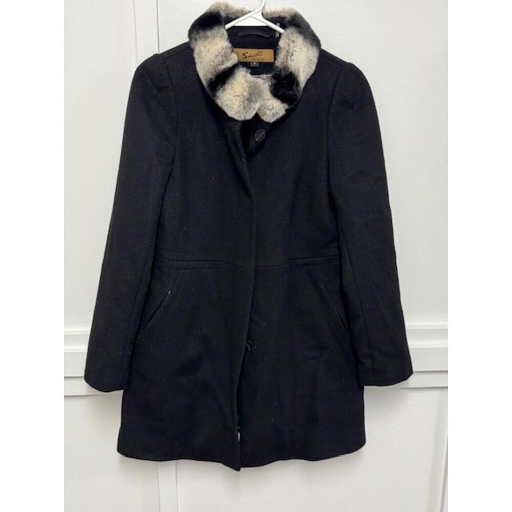 Sachi Collection Women's Lambswool Coat - Rabbit fur collar
